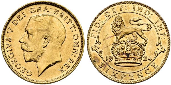 George V. 1910-1936. 6 Pence 1924, London. Pattern in Gold. 