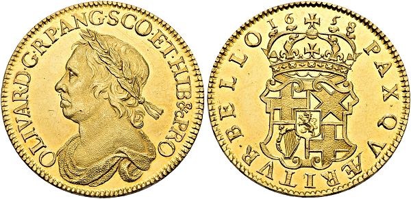 Oliver Cromwell, Lord Protector, 1653-1658. Gold 1/2 crown 1658, London.
