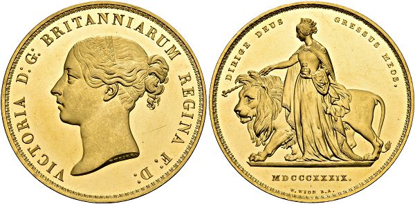 Victoria, 1837-1901. Pattern 5 Pounds 1839, London. Proof. Una and the lion. 