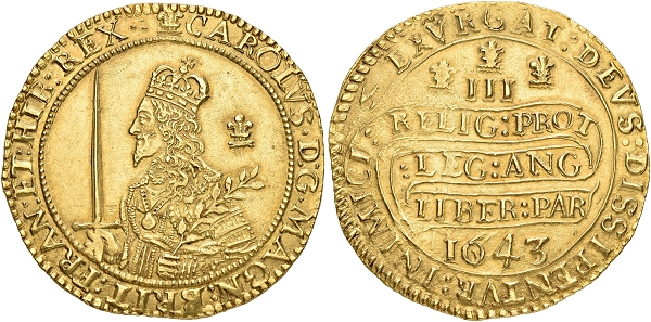 Charles I. 1625-1649. Triple unite 1643, Oxford. 