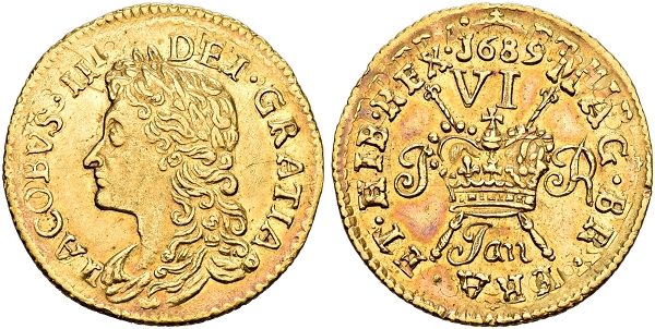 James II. 1685-1691. 6 Pence Gun Money 1689 / Jan (January), Dublin Mint.