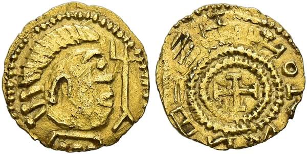 Early Anglo-Saxon Period. Ultra-Crondall Type, c. 620 - c. 655. Gold Shilling / Tremissis.